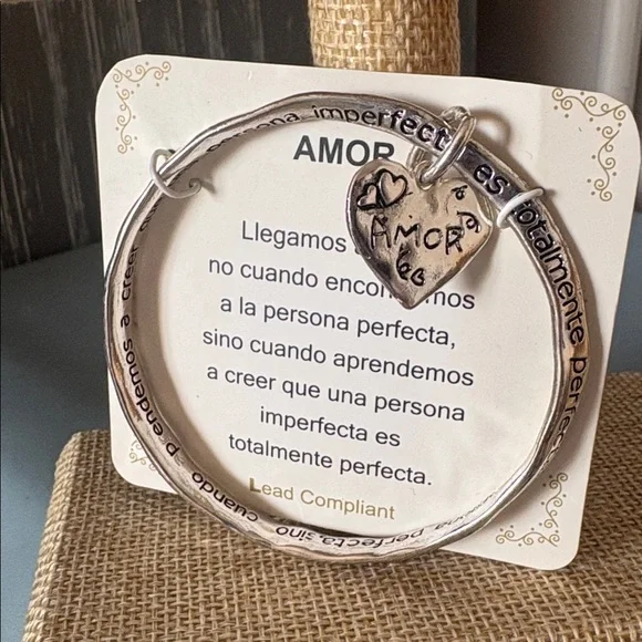 Silver Tone Heart Charm Bangle Bracelet - Inspirational Tag - Picture 2 of 3